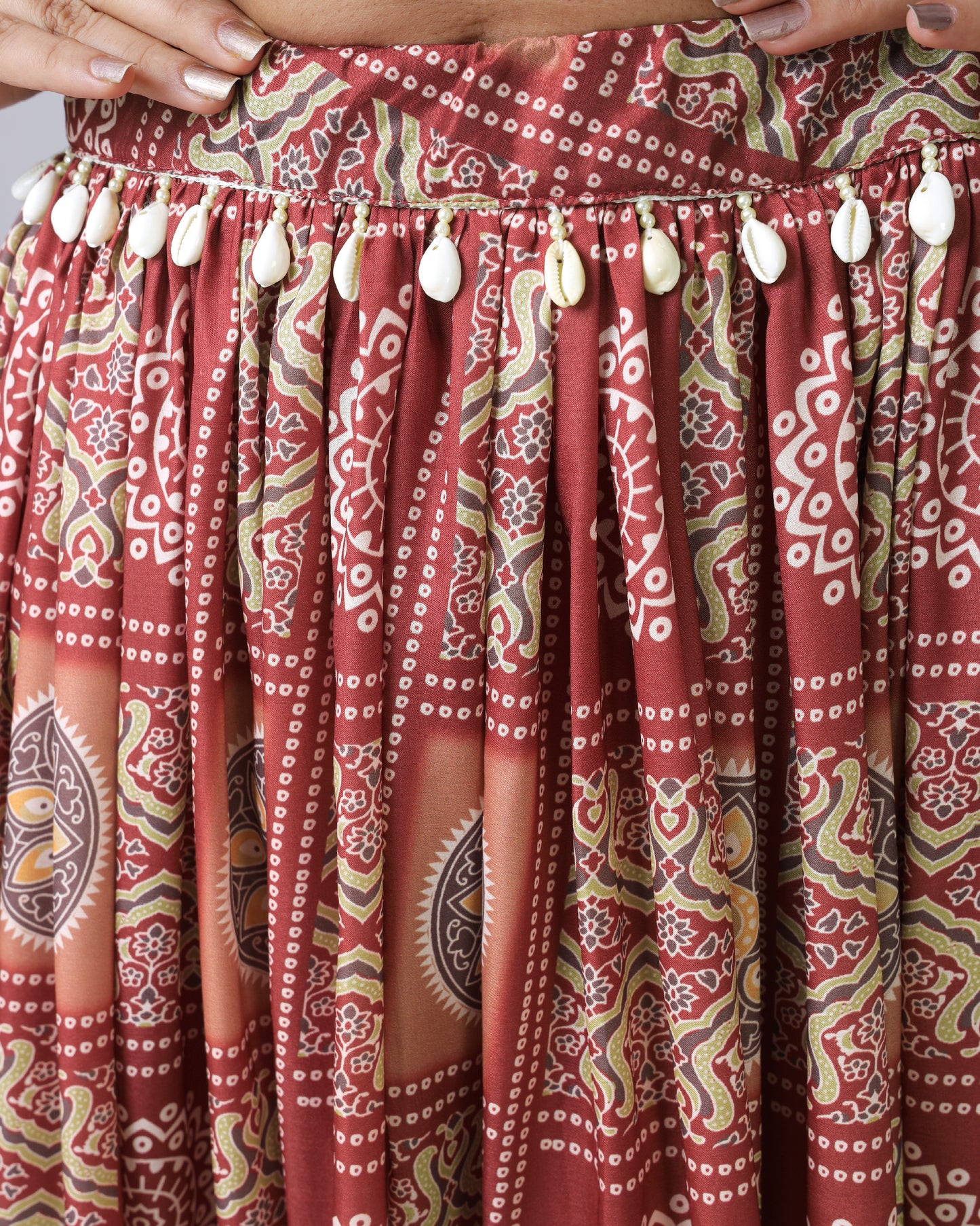 Ruby Red Bandhanii Printed Flared Lehenga With Kodi Work Lace