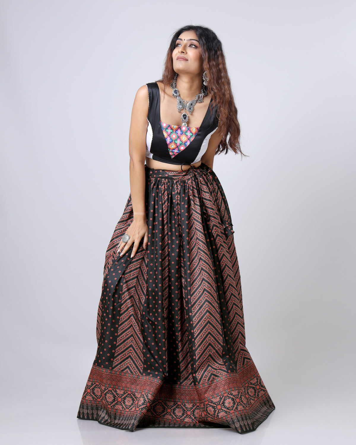 Black Ajarakh Print Full Flared Lehenga For Navratri