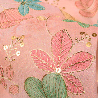 Pink Floral Position Print Chanderi Fabric