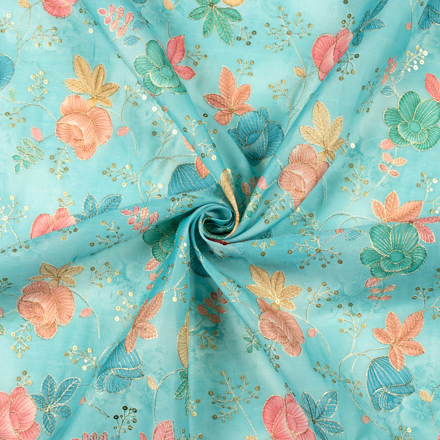Sky Blue Floral Position Print Chanderi Fabric