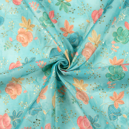 Sky Blue Floral Position Print Chanderi Fabric