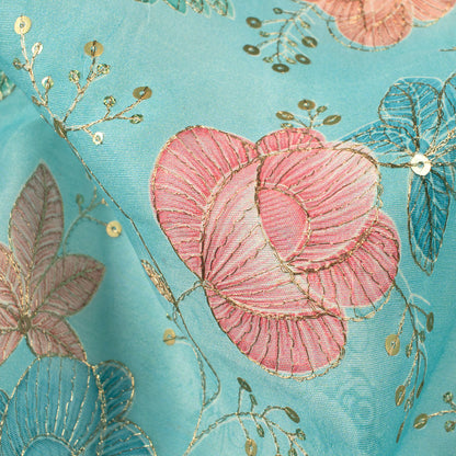 Sky Blue Floral Position Print Chanderi Fabric