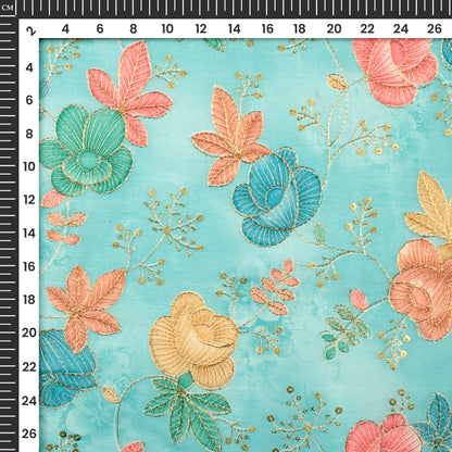 Sky Blue Floral Position Print Chanderi Fabric