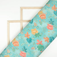 Sky Blue Floral Position Print Chanderi Fabric