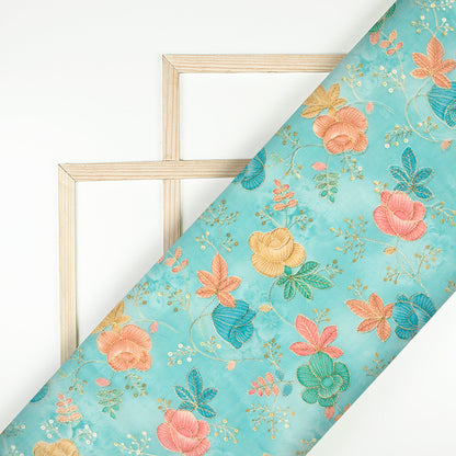 Sky Blue Floral Position Print Chanderi Fabric