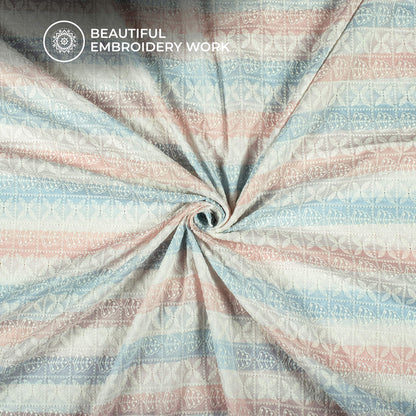 Light Blue Digital Print Floral Schiffli Embroidery Muslin Fabric (Width 56 Inches)
