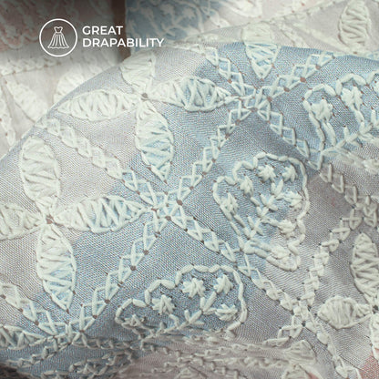 Light Blue Digital Print Floral Schiffli Embroidery Muslin Fabric (Width 56 Inches)