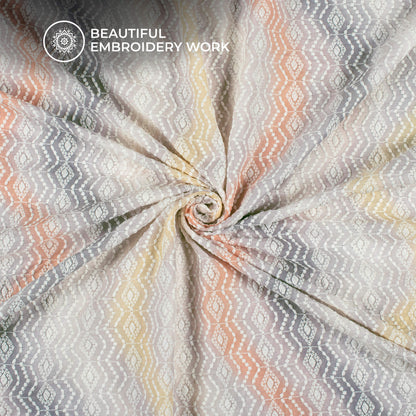 Off-White Digital Print Chevron Schiffli Embroidery Muslin Fabric (Width 56 Inches)
