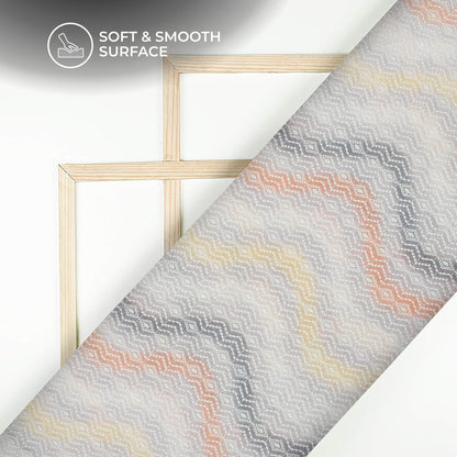 Off-White Digital Print Chevron Schiffli Embroidery Muslin Fabric (Width 56 Inches)
