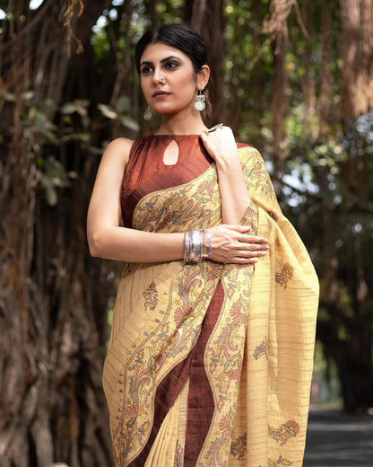 Ecru Beige And Mahogany Red Kalamkrii Pattern Digital Print Art Tusser Silk Saree With Tassels