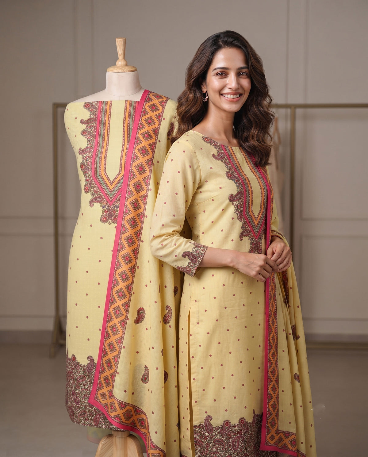 Exclusive 2 Piece Pashmina Unstiched Suit Set Feturing Kurta Dupatta