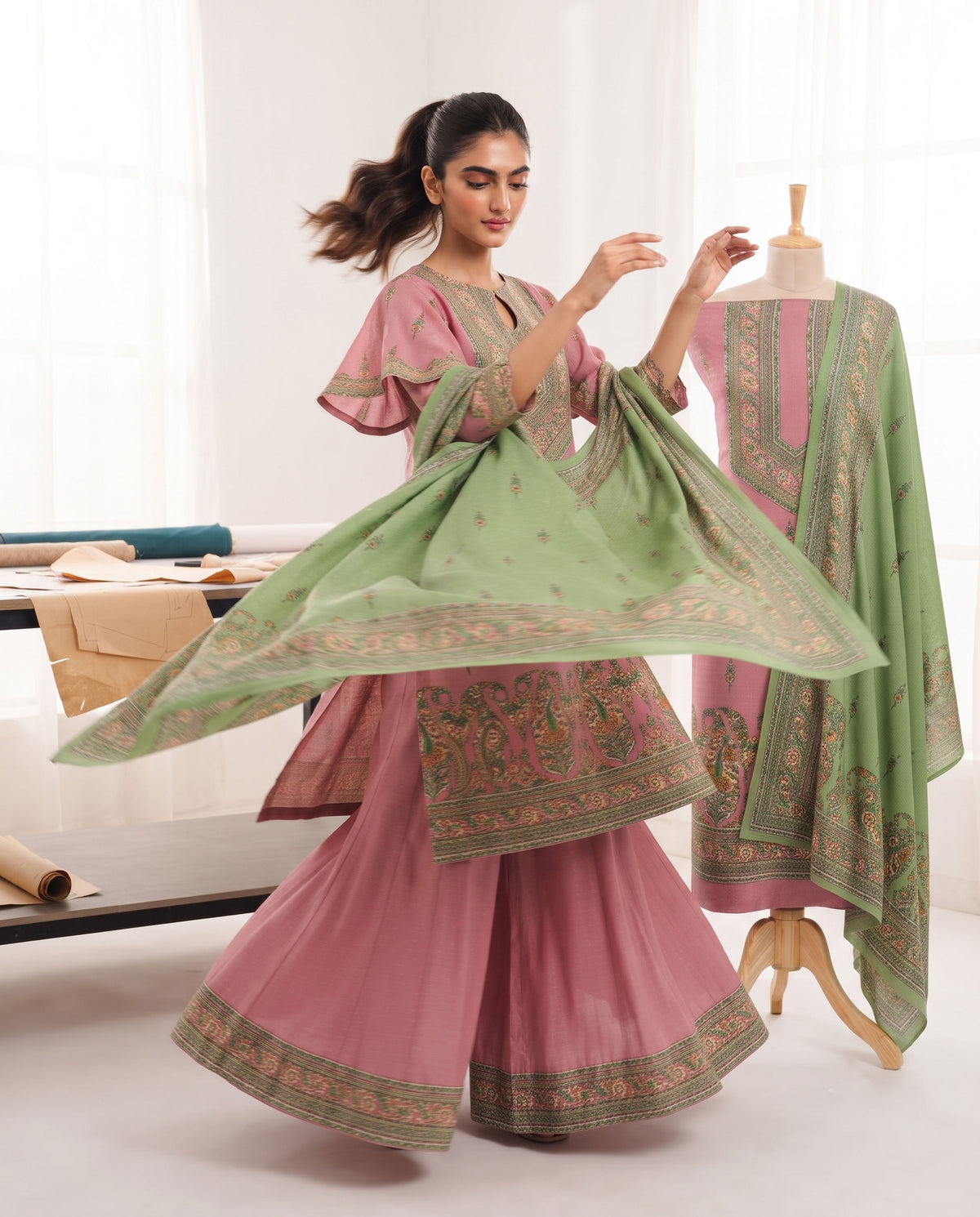 Exclusive 2 Piece Pashmina Unstiched Suit Set Feturing Kurta Dupatta