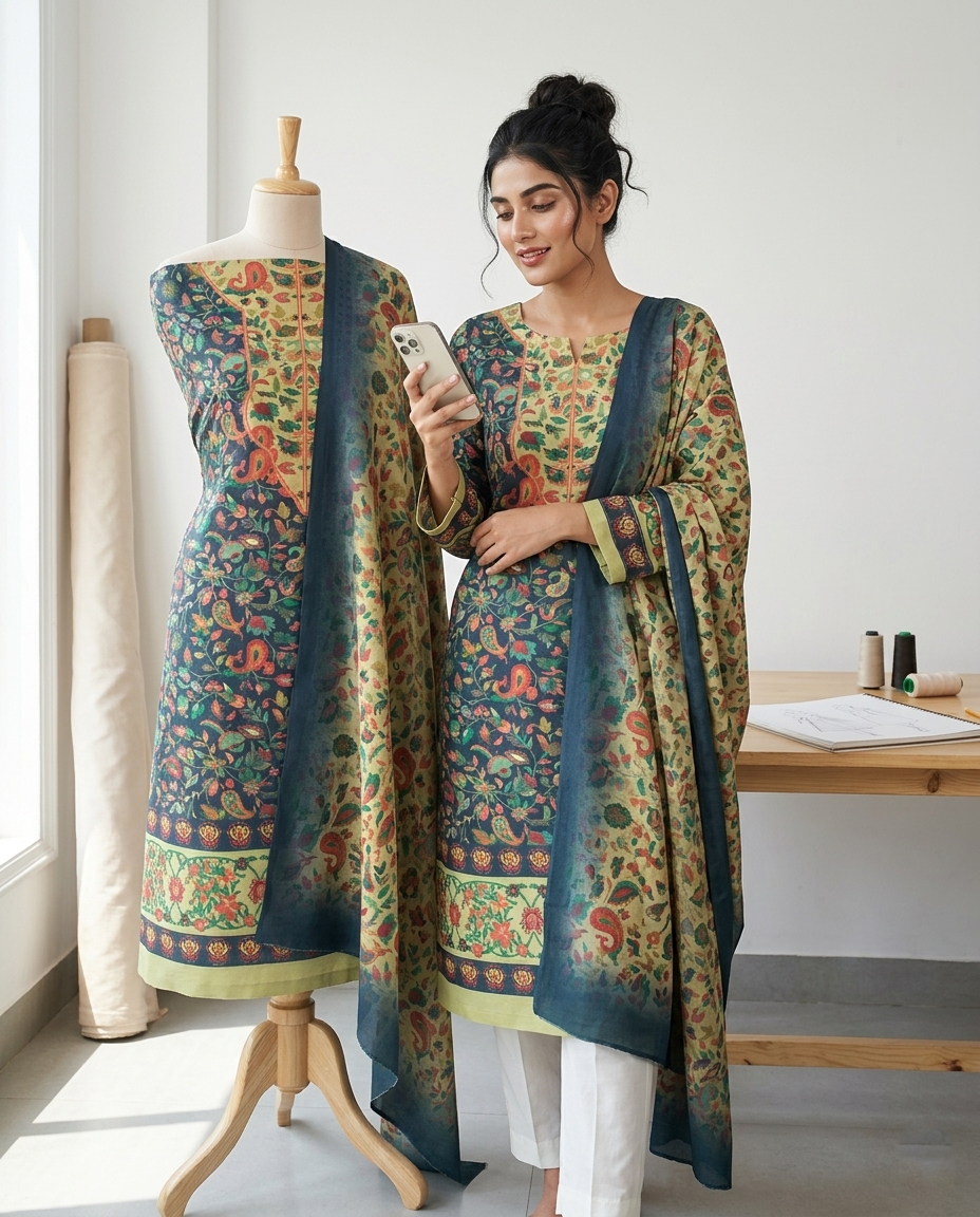 Exclusive 2 Piece Pashmina Unstiched Suit Set Feturing Kurta Dupatta