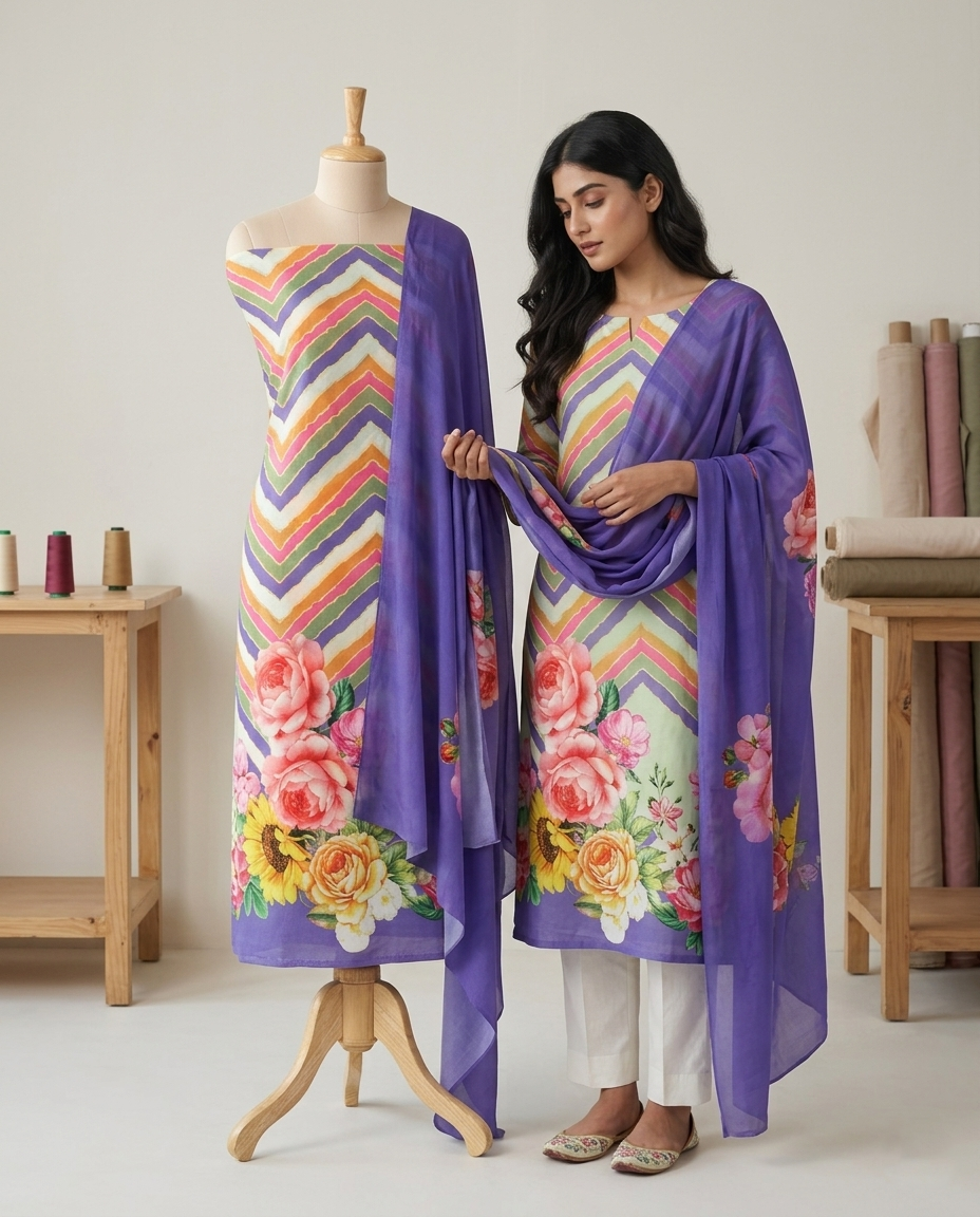 Exclusive 2 Piece Viscose Natural Crepe  Unstiched Suit Set Feturing Kurta Dupatta