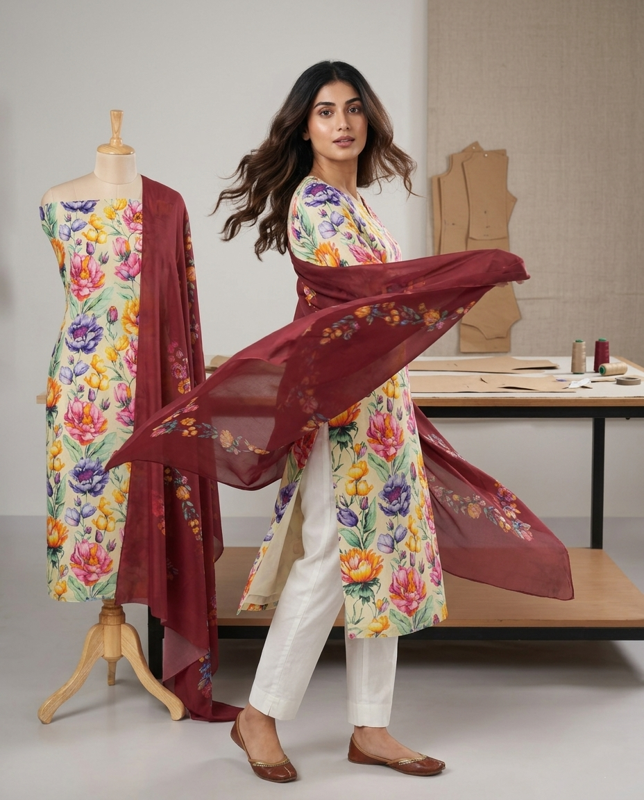 Exclusive 2 Piece Viscose Natural Crepe  Unstiched Suit Set Feturing Kurta Dupatta