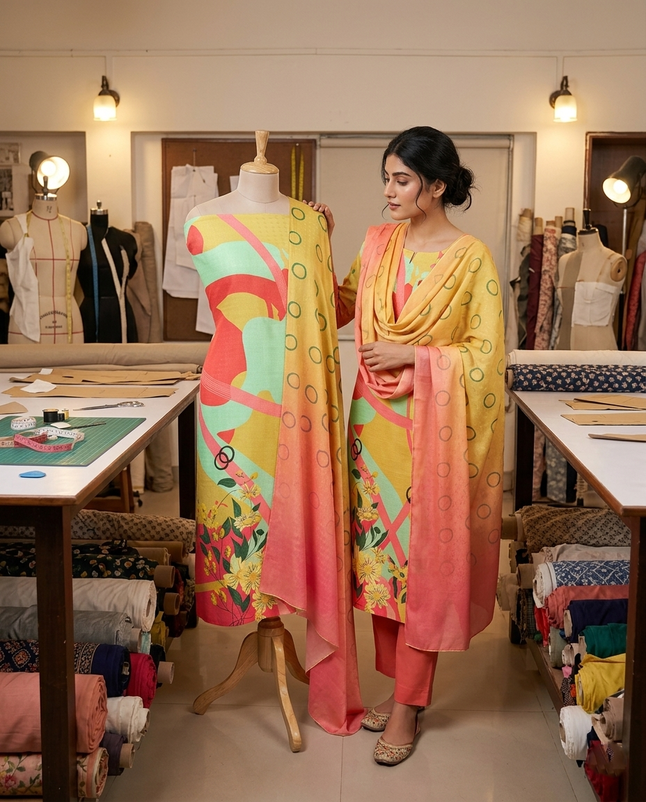 Exclusive 2 Piece Pashmina Unstiched Suit Set Feturing Kurta Dupatta