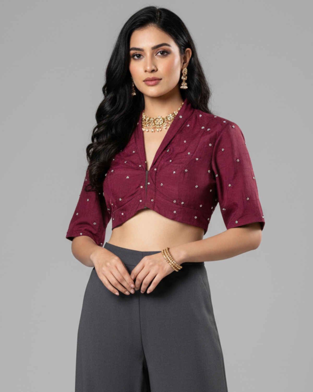 Plain Magenta Premium Hand Moti Work Viscose Dola Silk Blouse