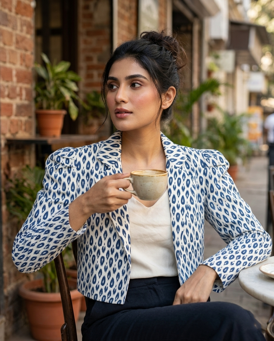 Blue Ikkat Printed Puff Sleeve Jacket