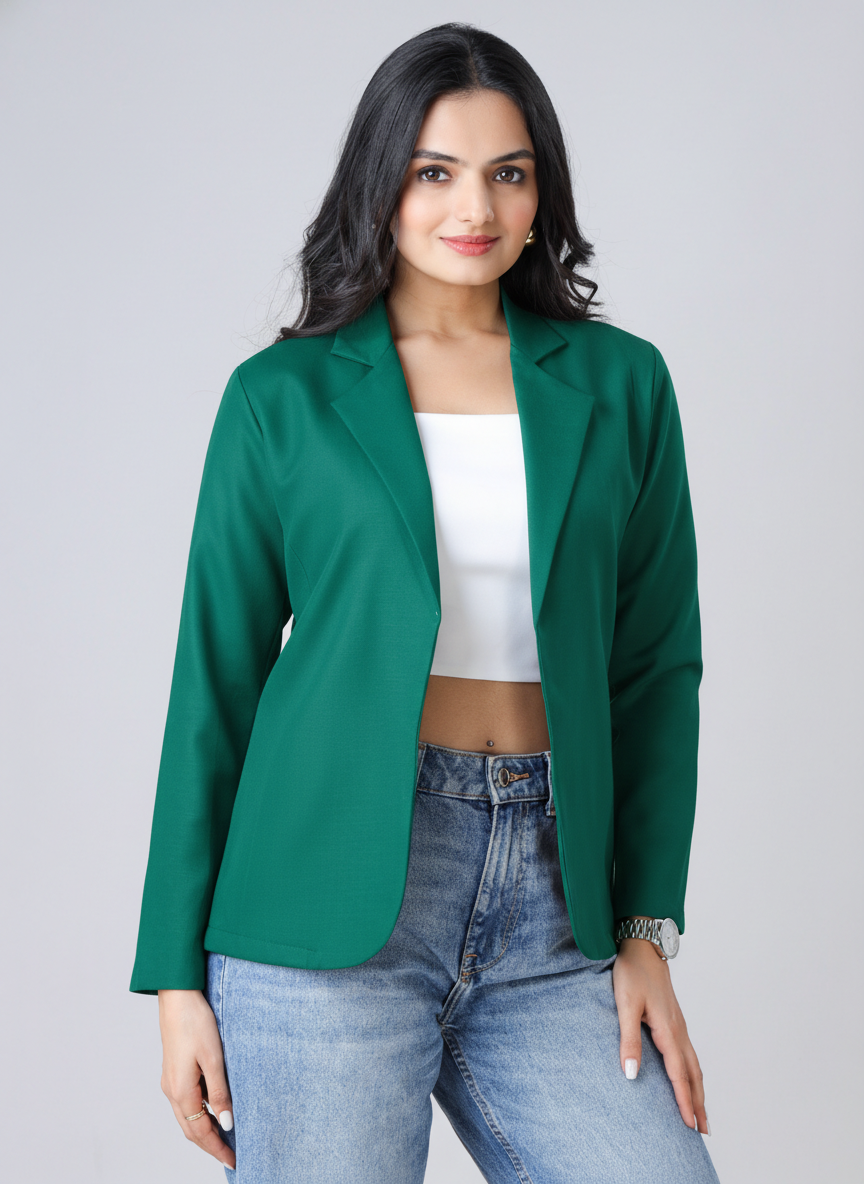 Solid Edit : Plain Pine Green Jacket For Women