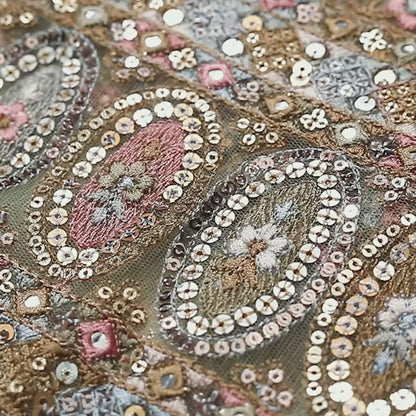 Moss Green And Peach Traditional Pattern Premium Sequins Embroidery With Foil Mirror Work Net Fabric (Width 56 Inches)