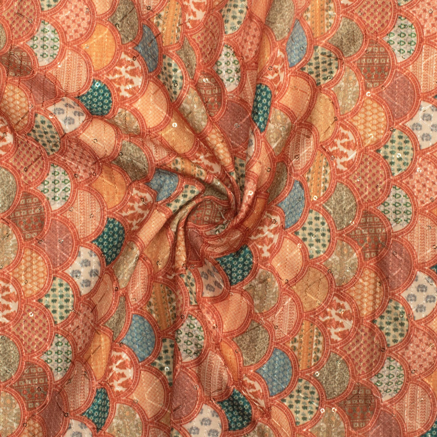 Cherry Red And Apricot Orange Geometric Pattern Sequins Embroidery Digital Print Ultra Premium Butter Crepe Fabric