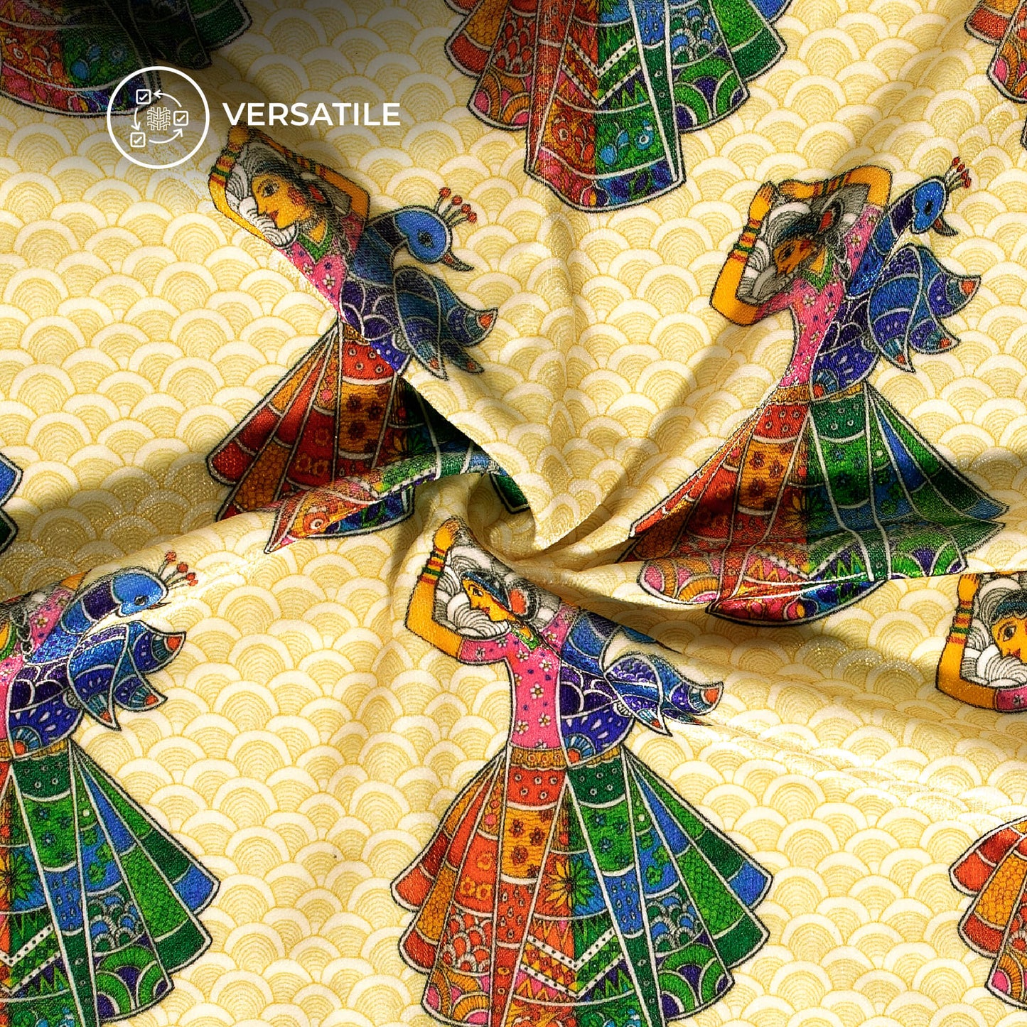 Mellow Yellow Madhubani Digital Print Premium Velvet Fabric