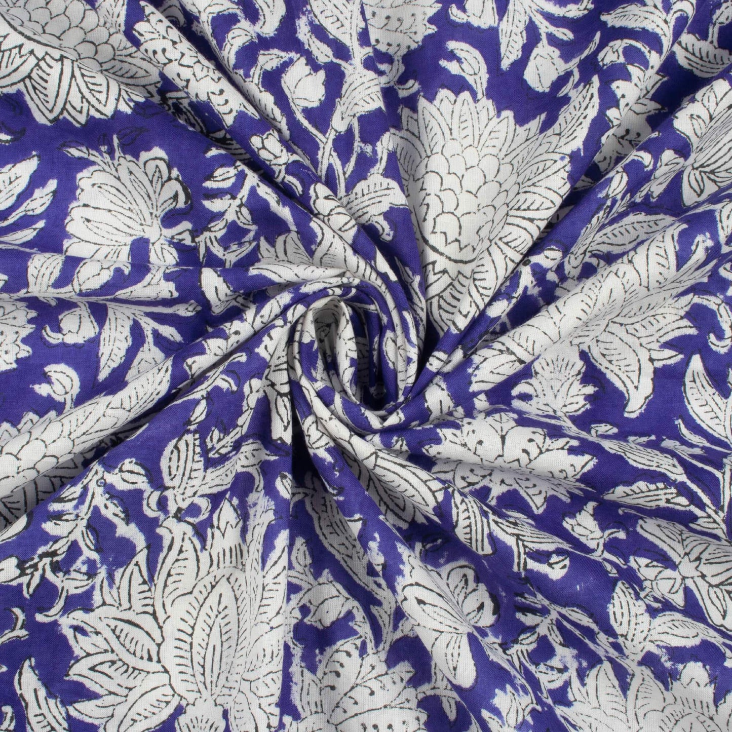 (Cut Piece 1 Mtr) Royal Blue And White Floral Pattern Bagru Dabu Handblock Cotton Fabric