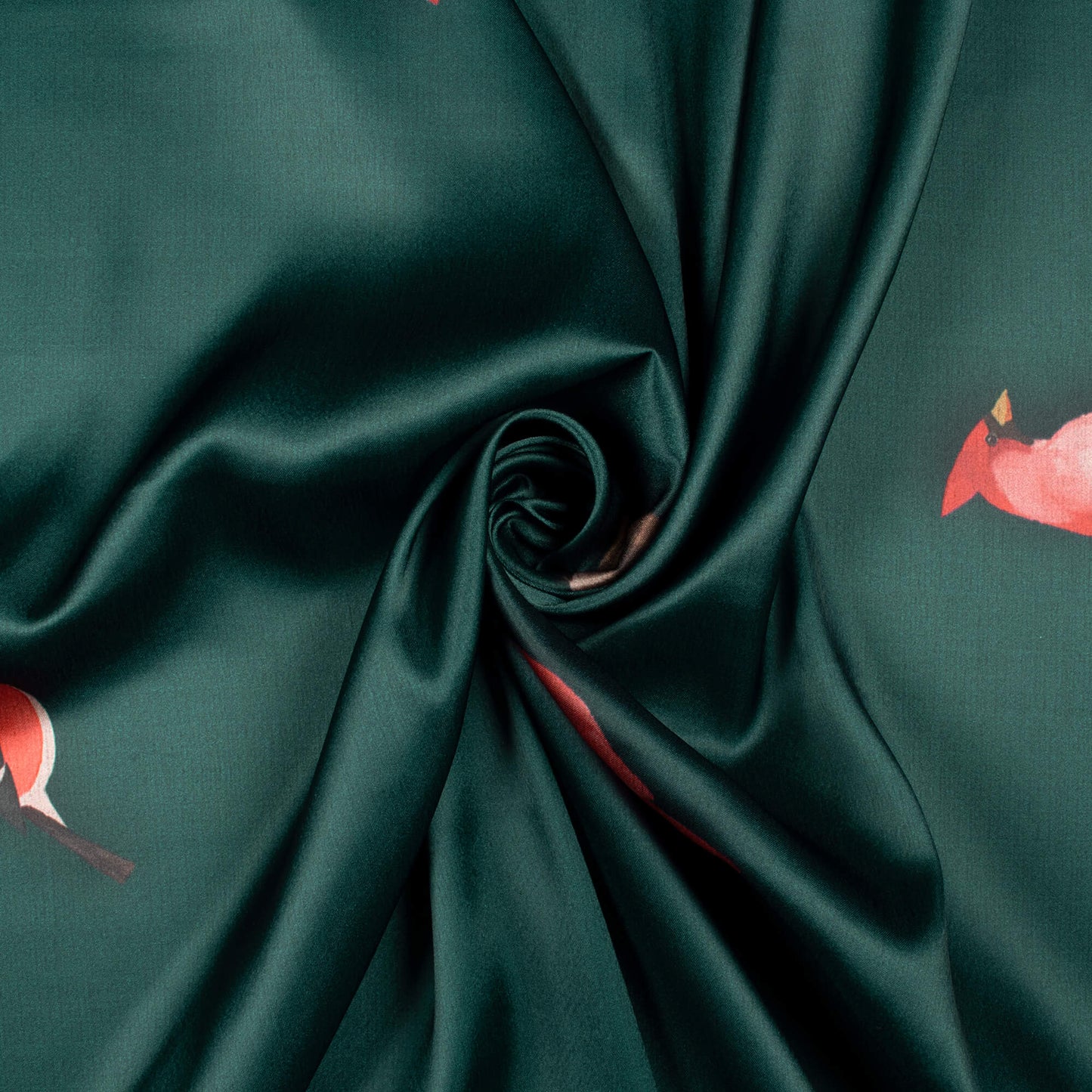 Green And Red Bird Pattern Digital Print Japan Satin Fabric