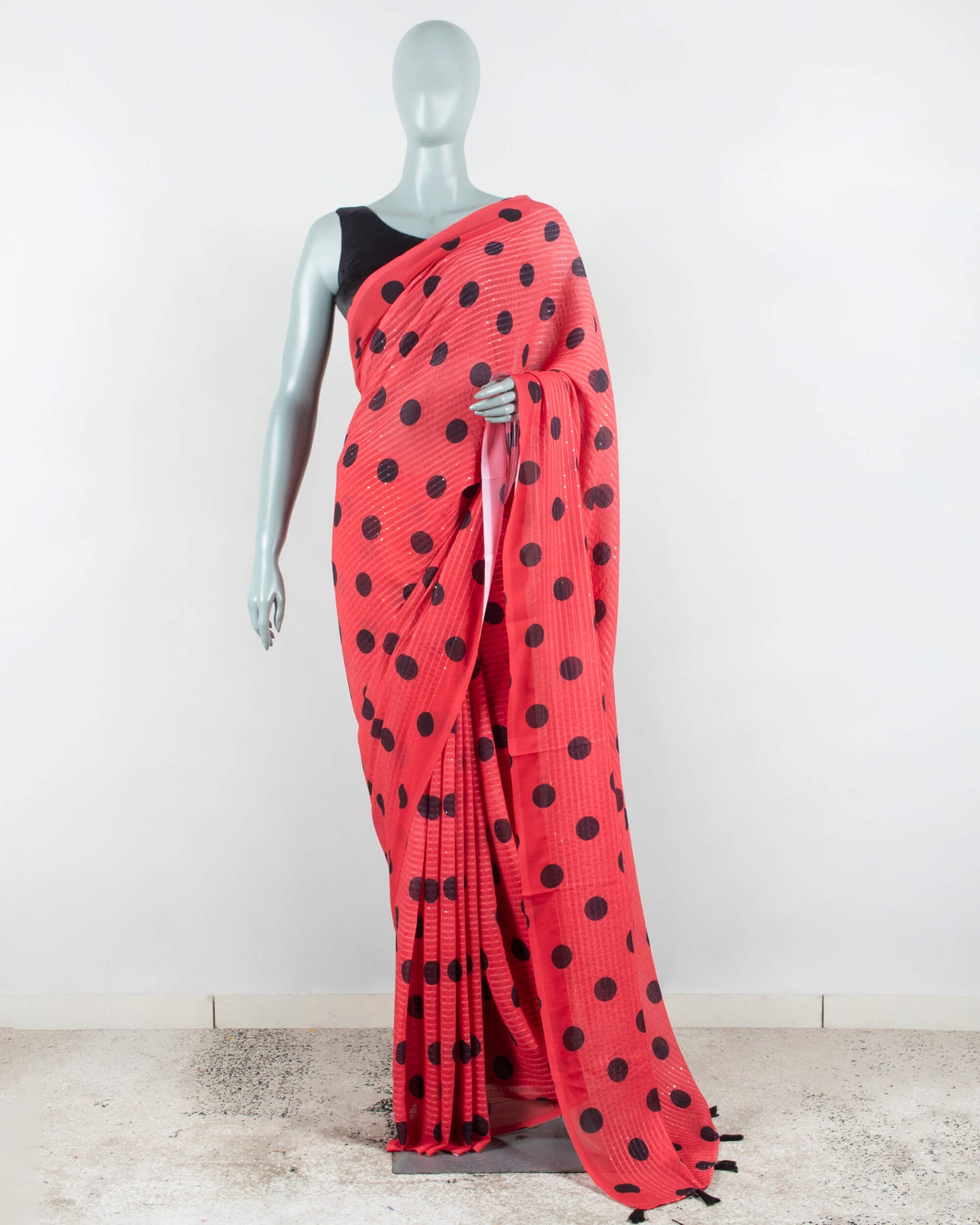 Red And Black Polka Dots Pattern Premium Sequins Georgette Saree With Tassels