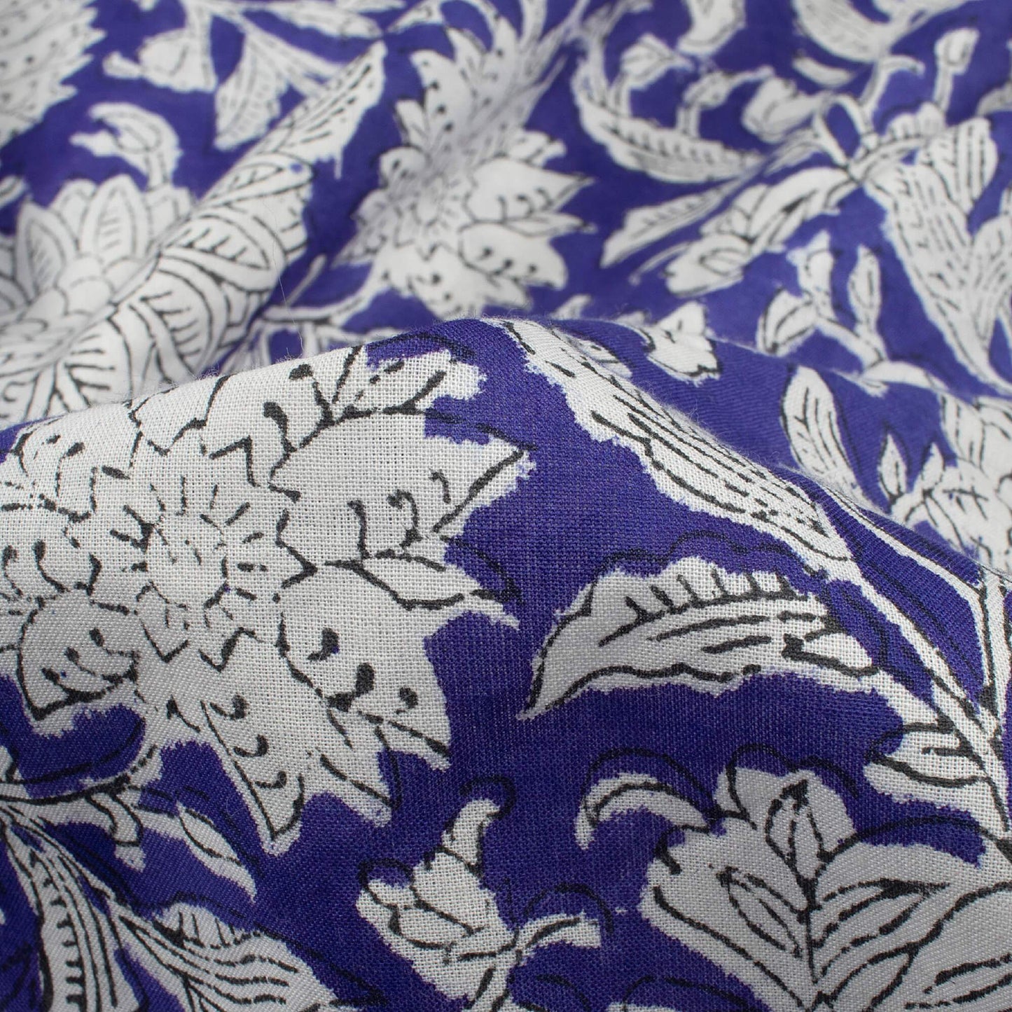 (Cut Piece 1 Mtr) Royal Blue And White Floral Pattern Bagru Dabu Handblock Cotton Fabric