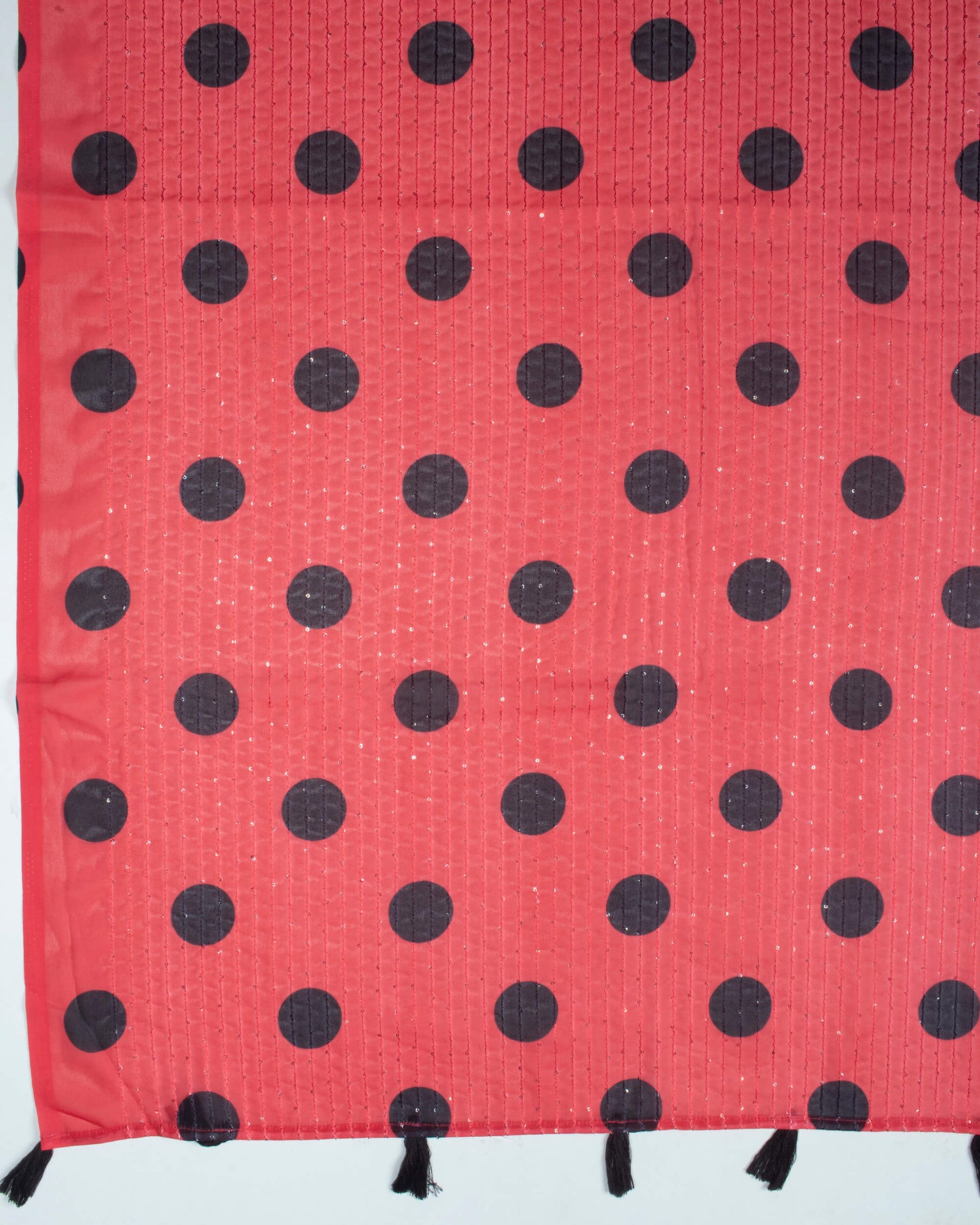 Red And Black Polka Dots Pattern Digital Print Premium Sequins Georgette Saree With Tassels