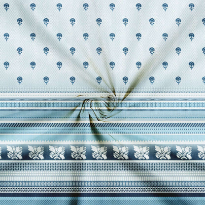 Safal's Choice Off White And Blue Traditional Pattern Digital Print Japan Satin Fabric - Fabcurate