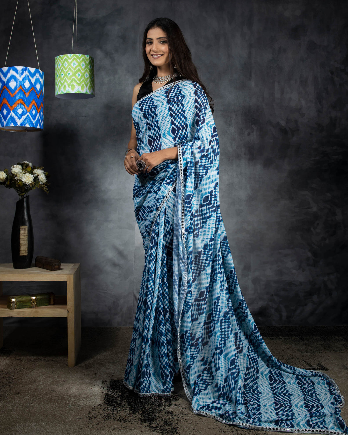 Blue Shiiborii Pattern Digital Print Georgette Saree With Mirror Work Lace Border