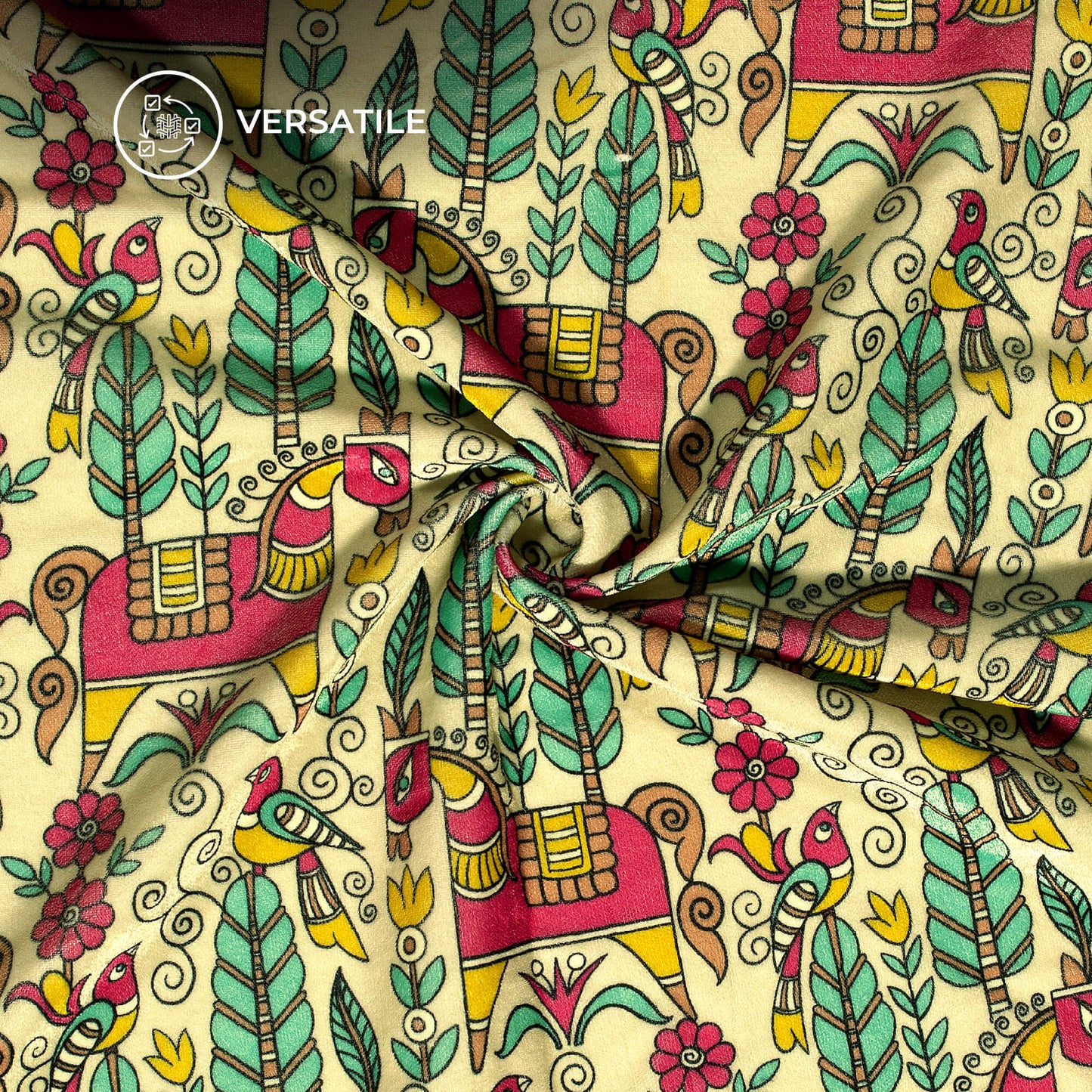 Flax Yellow And Pink Madhubani Digital Print Premium Velvet Fabric