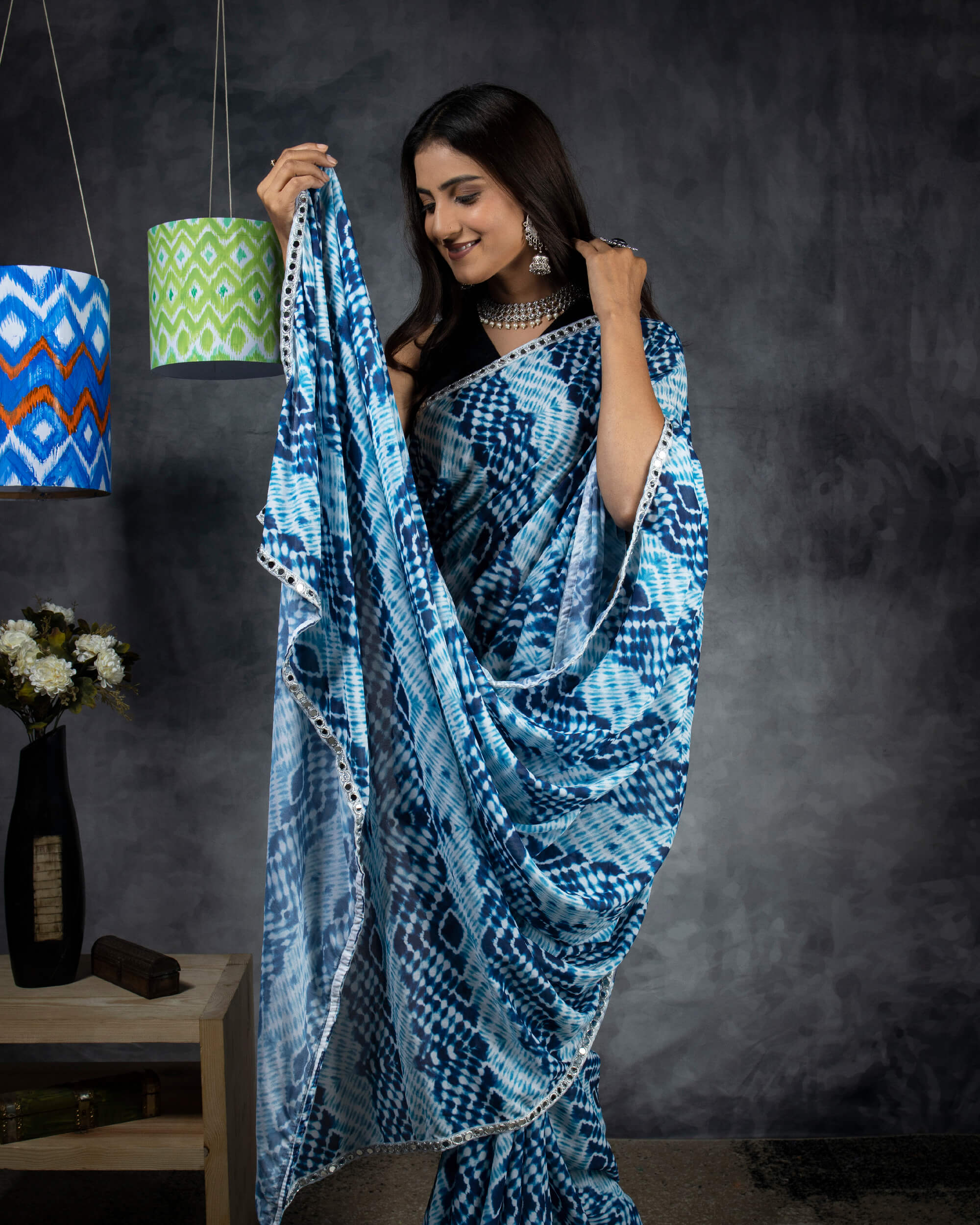 Blue Shibori Pattern Digital Print Georgette Saree With Mirror Work La –  Fabcurate