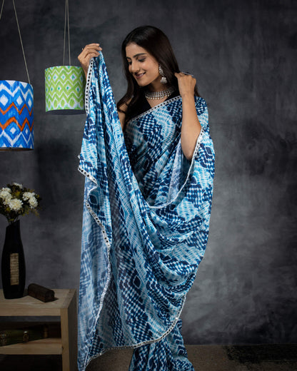 Blue Shiiborii Pattern Digital Print Georgette Saree With Mirror Work Lace Border