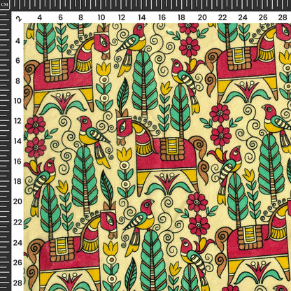 Flax Yellow And Pink Madhuvanii Digital Print Premium Velvet Fabric