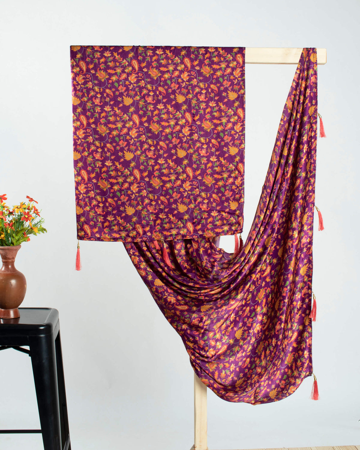 Grape Purple And Red Paisley Pattern Digital Print Viscose Gaji Silk Dupatta With Tassles