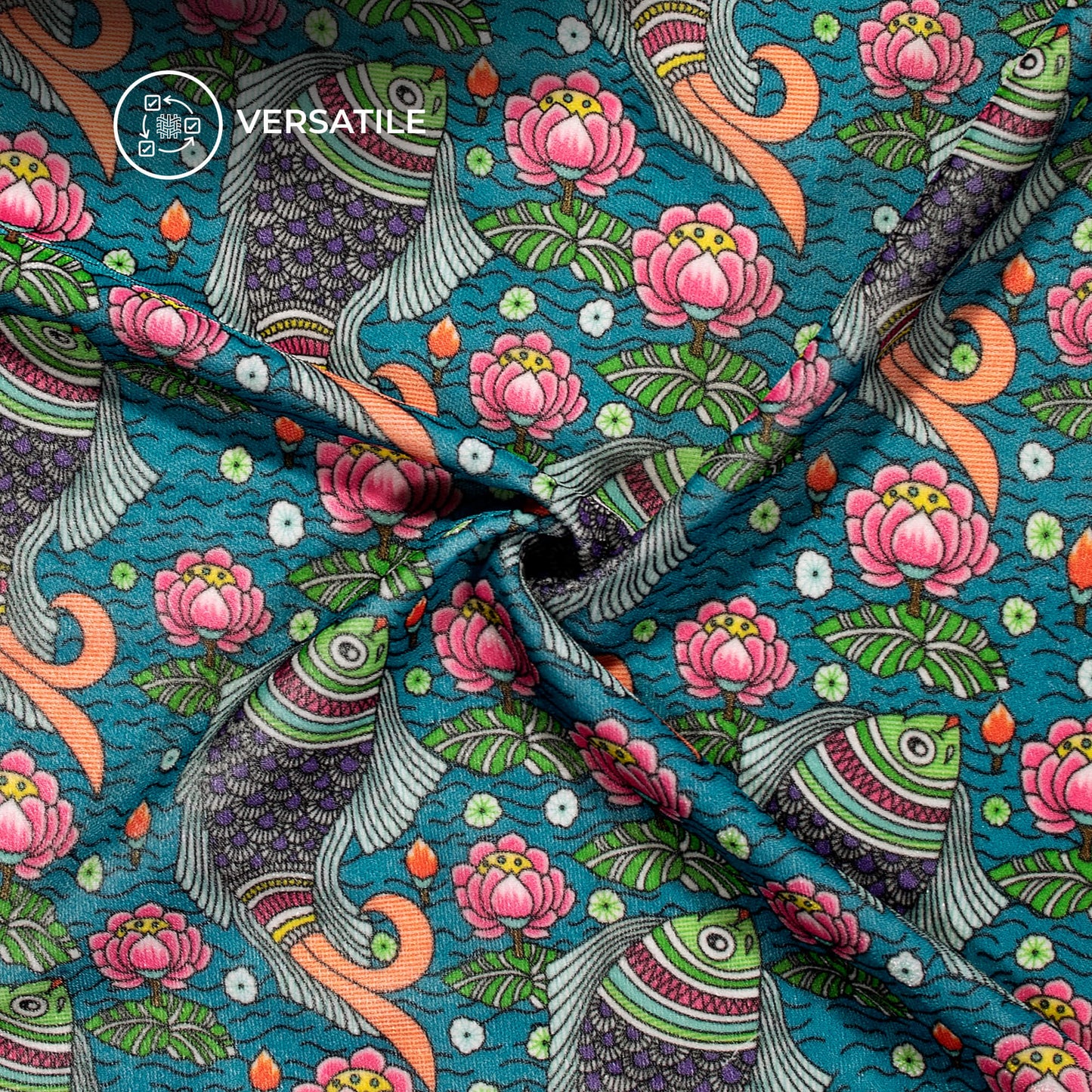 Blue And Pink Madhubani Digital Print Premium Velvet Fabric
