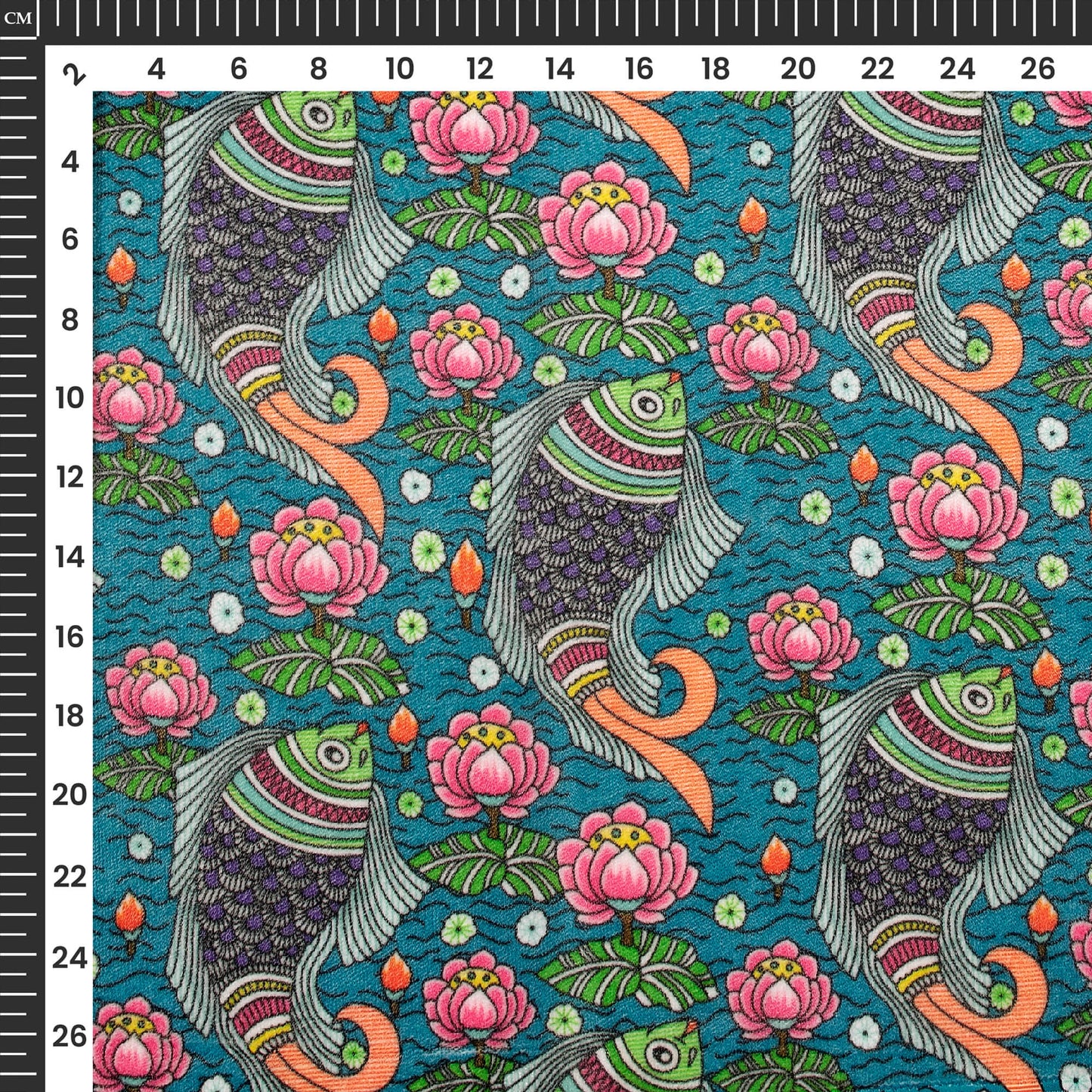 Blue And Pink Madhubani Digital Print Premium Velvet Fabric