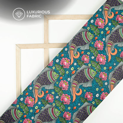 Blue And Pink Madhuvanii Digital Print Premium Velvet Fabric