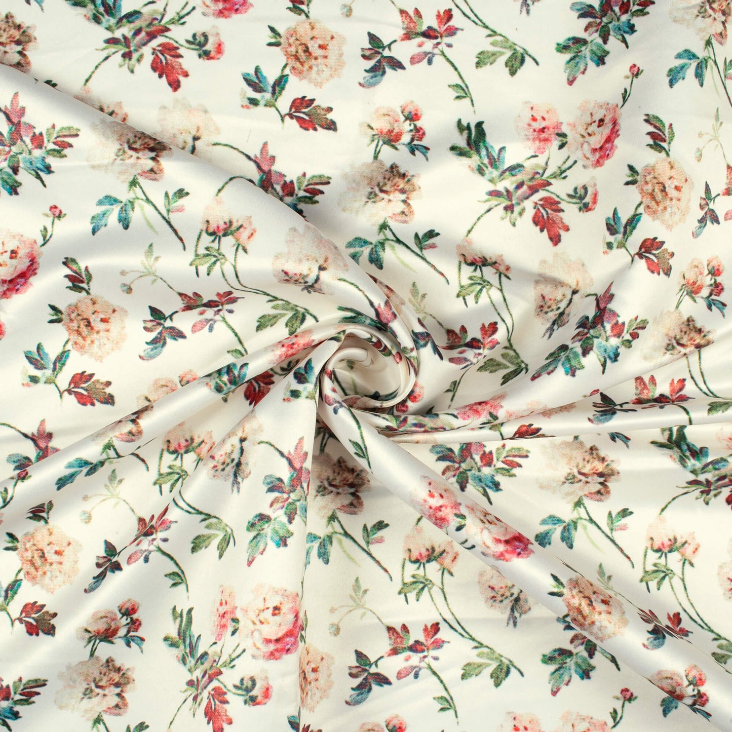 (Cut Piece 1 Mtr) Cream And Pink Floral Pattern Digital Print Satin Fabric (Width 58 Inches)