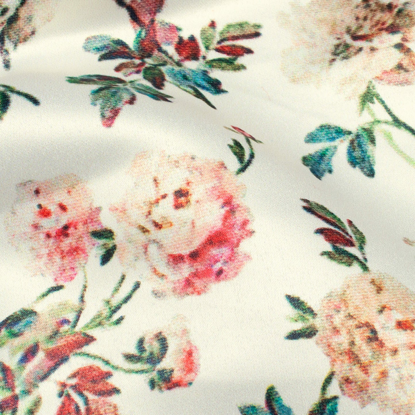 (Cut Piece 1 Mtr) Cream And Pink Floral Pattern Digital Print Satin Fabric (Width 58 Inches)