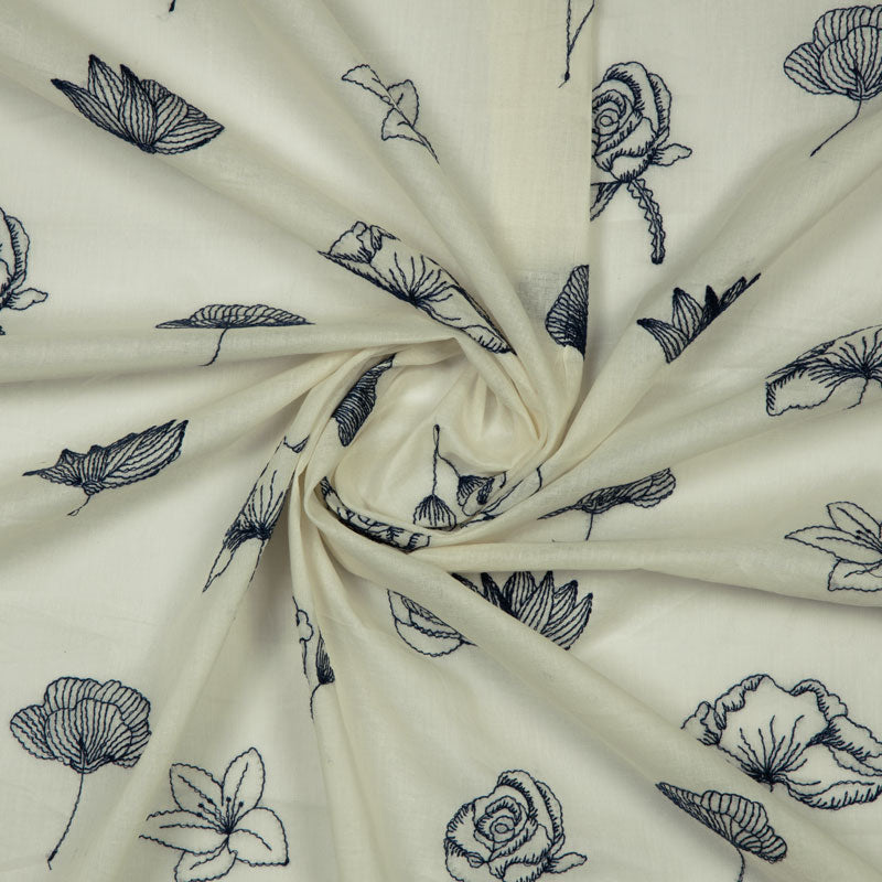 White And Black Floral Pattern Embroidery Cotton Fabric