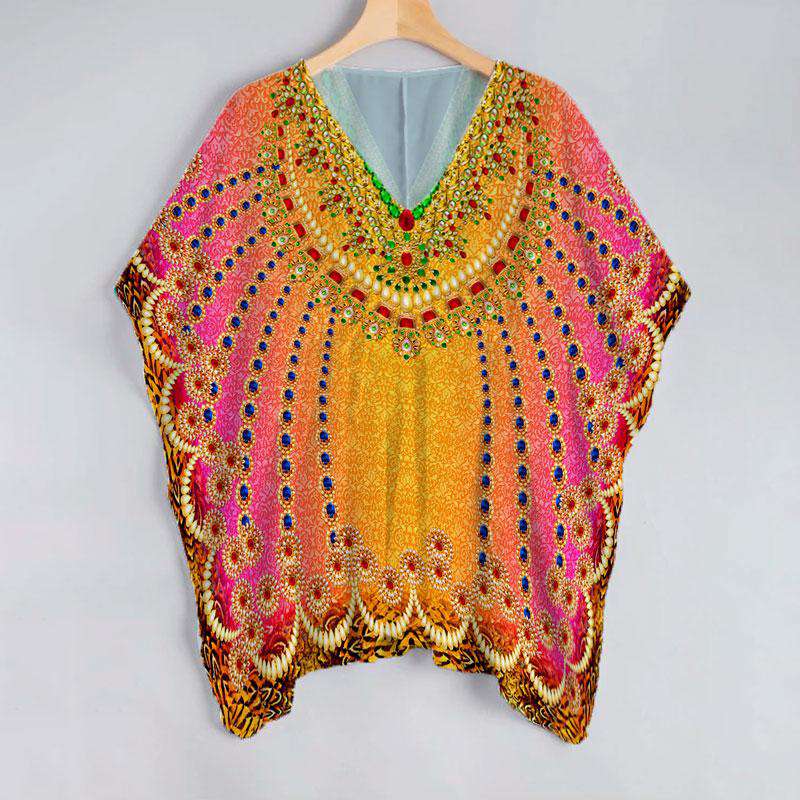 Orange And Pink Abstract Pattern Unstitched Georgette Kaftan