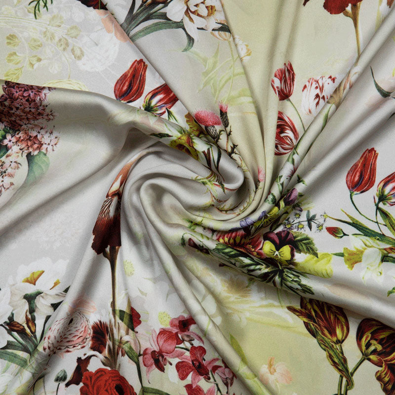 Cream Floral Digital Print Satin Fabric