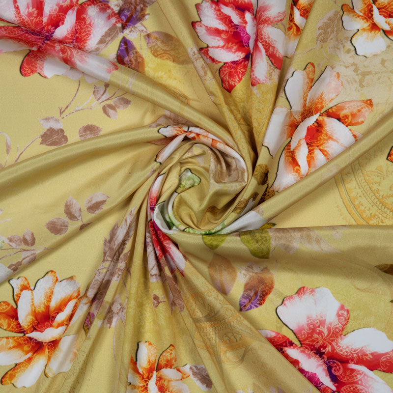 Lasser Satin Fabric With Floral Theme - Fabcurate