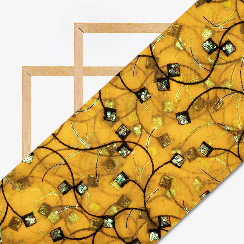 Yellow And Black Ethnic Pattern Embroidery Sequince Net Fabric - Fabcurate