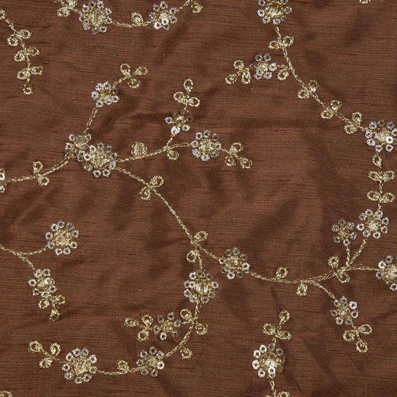 Brown Floral Pattern Heavy Embroidery Cotton Fabric - Fabcurate