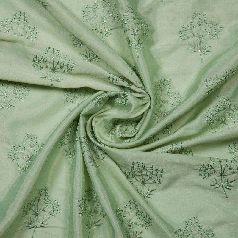 Light Green Floral Pattern Embroidery Silk Fabric - Fabcurate